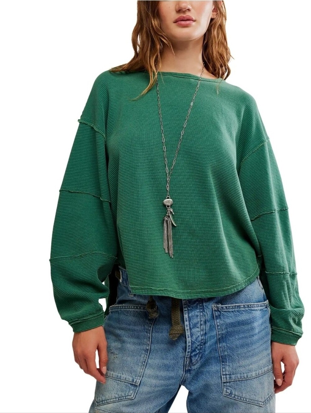 We The Free Total Eclipsen Tee Green Pine Ribbed Crew Womens Medium Oversized